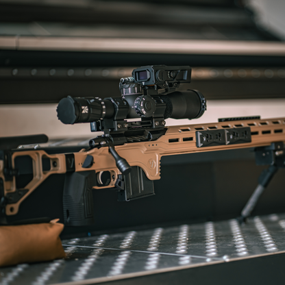 Precision rifle equipped with the Tango FIRE4000 weapon-mounted laser range finder